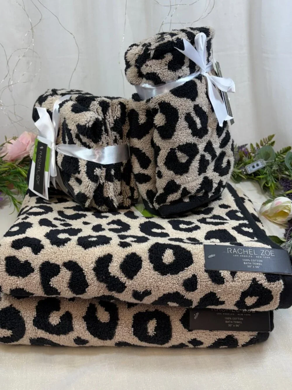 Rachel Zoe Leopard Print Black Beige Bath Hand Towels Washcloth 8 Pc Set Revers